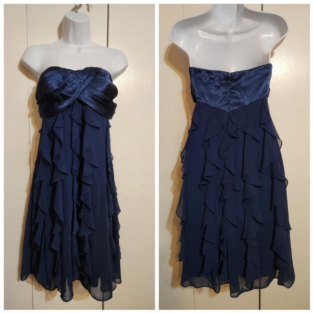 Size 4 Cache Navy Blue Ruffle Chiffon Tiered Strapless Cocktail Y2K Dress